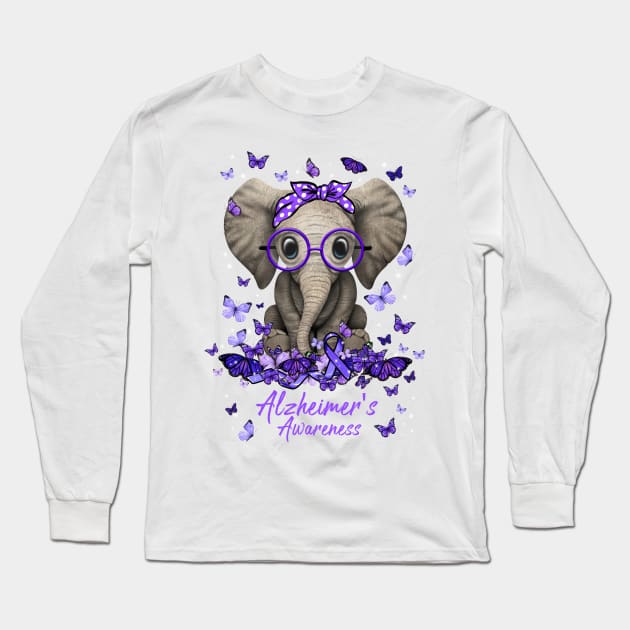 Alzheimer's Awareness Ribbon Elephant Long Sleeve T-Shirt by osami